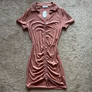 Brown Collared Ruched Dress